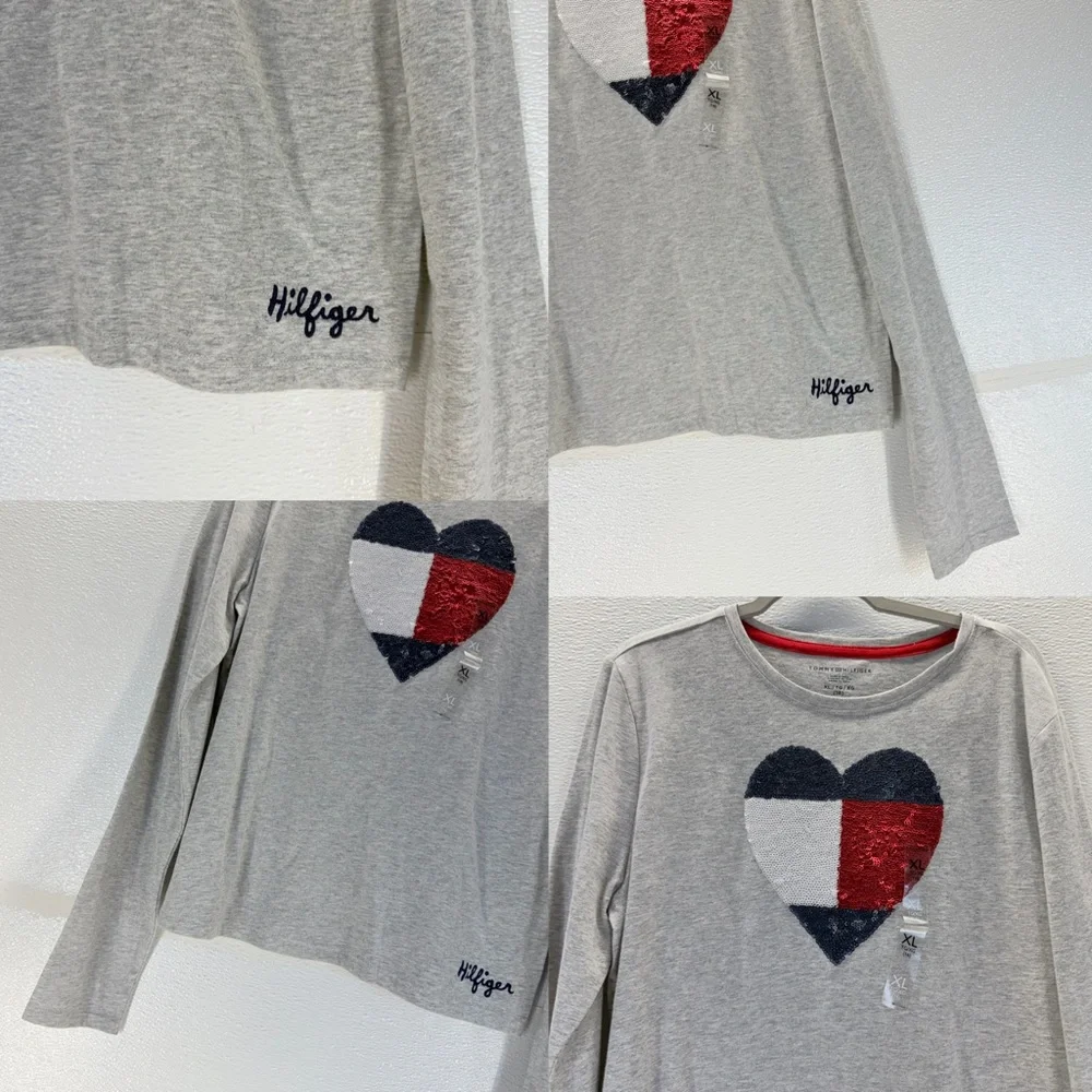 Tommy‎ Hilfiger Girls XL Gray Sequin Heart Long Sleeve Tee Cotton